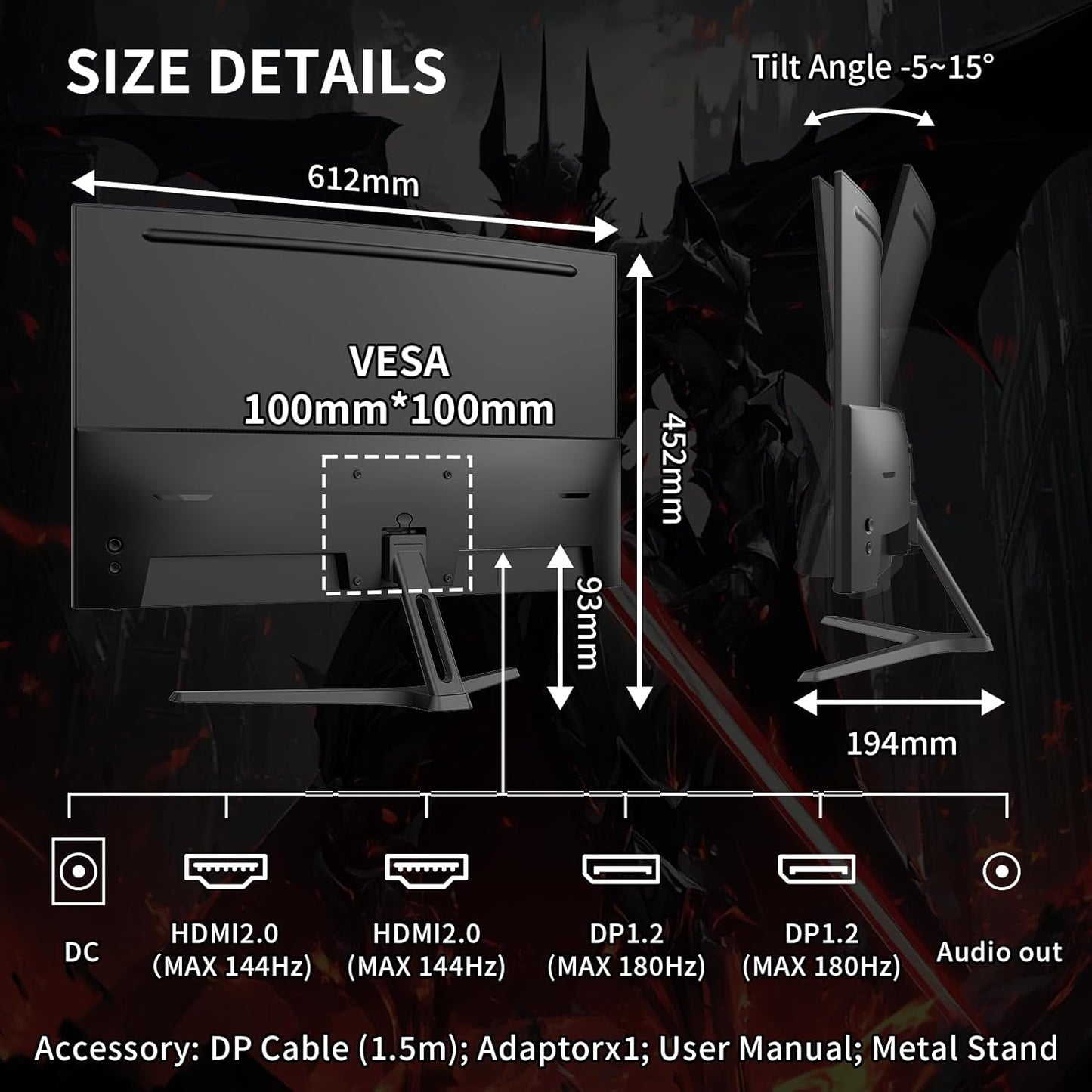 27 Inch WQHD 2560X1440 Curved Gaming Monitor, 180Hz MPRT 1Ms Computer Monitor,Hdmi2.0 * 2, DP1.2 * 2, Freesync, Curved 1500R, 5000:1 Contrast Ratio, 120% Srgb,Hdr(Es-G27C1Q DP Cable Included)