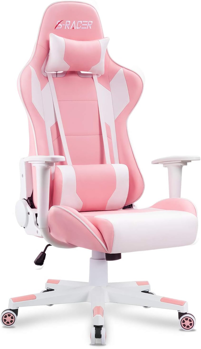 Gaming Chair, Office Chair High Back Computer Chair Leather Desk Chair Racing Executive Ergonomic Adjustable Swivel Task Chair with Headrest and Lumbar Support (White)
