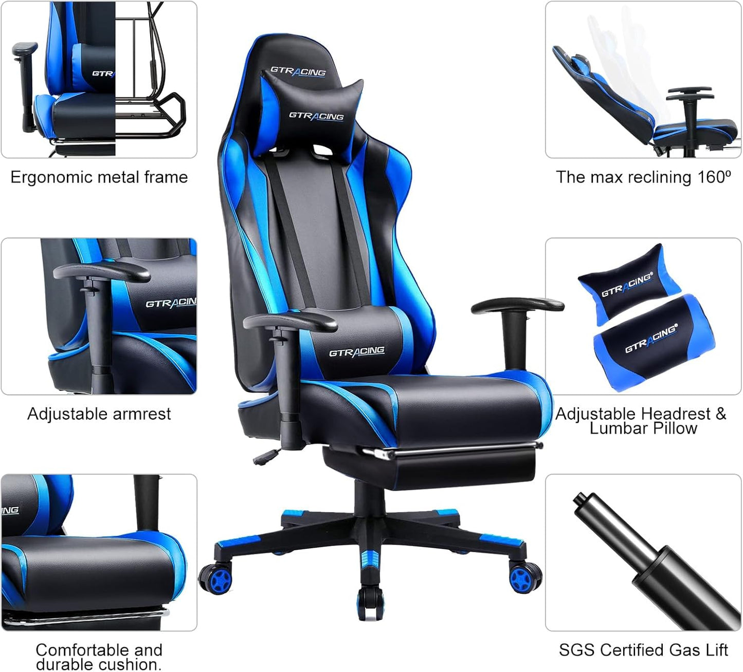 Gaming Chair with Footrest, Ergonomic Computer Game Desk Chair, Reclining Game Chair Seat Height Adjustment, Swivel Rocker with Headrest and Lumbar (Blue)
