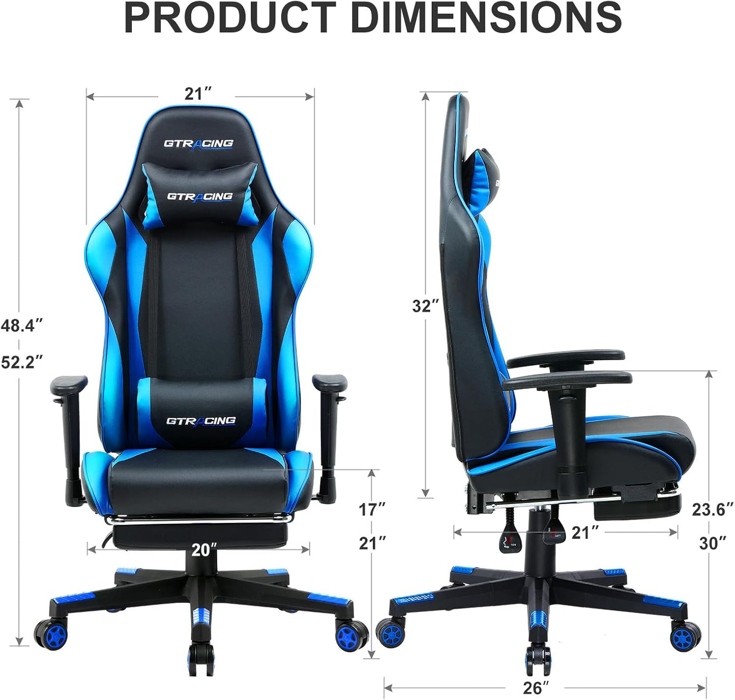 Gaming Chair with Footrest, Ergonomic Computer Game Desk Chair, Reclining Game Chair Seat Height Adjustment, Swivel Rocker with Headrest and Lumbar (Blue)