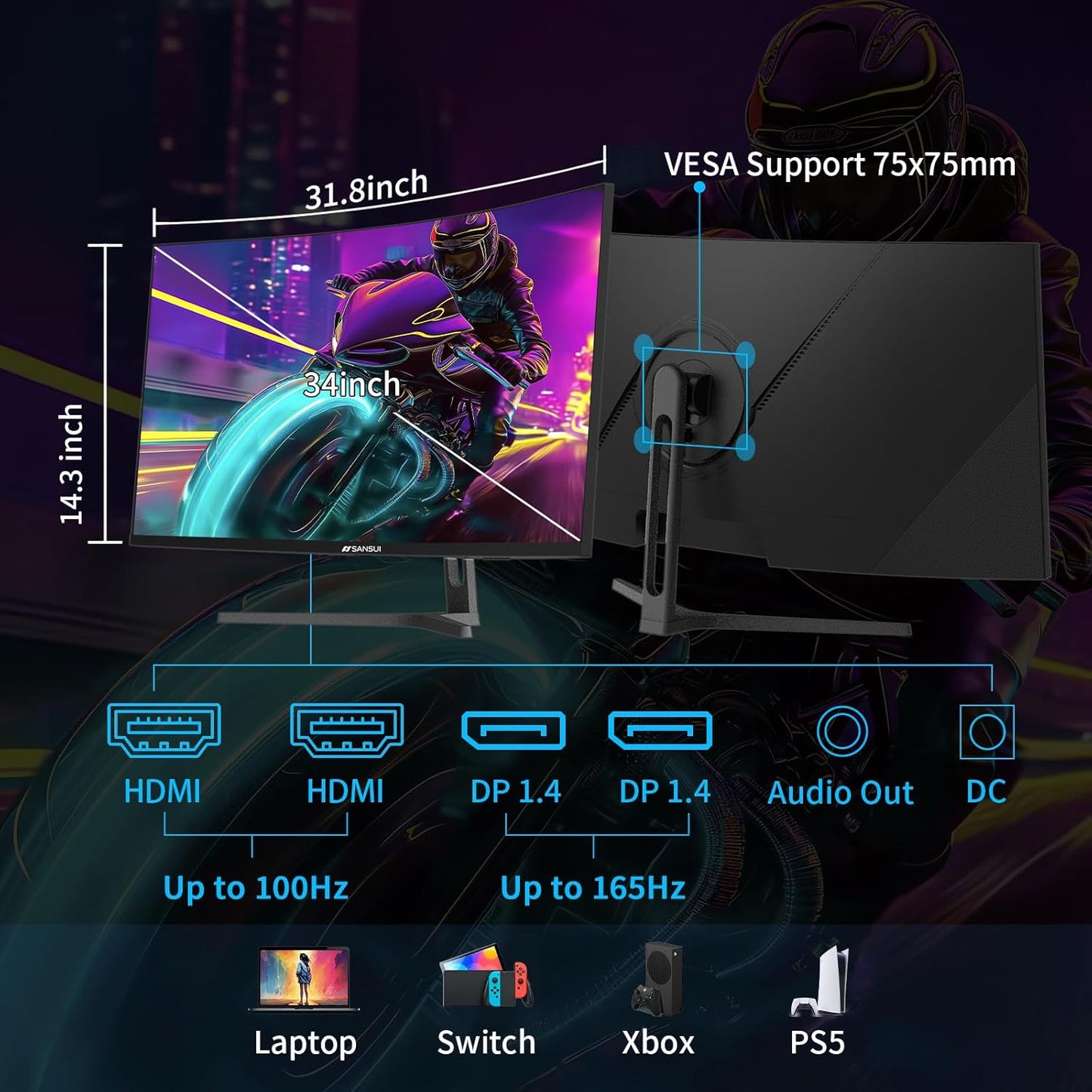34-Inch Curved Gaming Monitor UWQHD 3440 X 1440 165Hz Curved 1500R - PIP/PBP, 1Ms(Mprt), HDR, 300Nits, Srgb 125%, DCI-P3 95%,Freesync,Hdmi X2,Dp1.4 X2 (ES-G34C5 DP Cable Included)