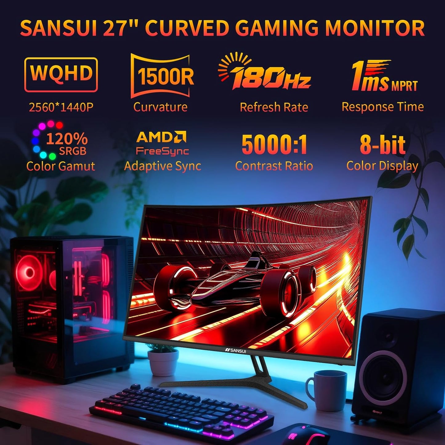 27 Inch WQHD 2560X1440 Curved Gaming Monitor, 180Hz MPRT 1Ms Computer Monitor,Hdmi2.0 * 2, DP1.2 * 2, Freesync, Curved 1500R, 5000:1 Contrast Ratio, 120% Srgb,Hdr(Es-G27C1Q DP Cable Included)