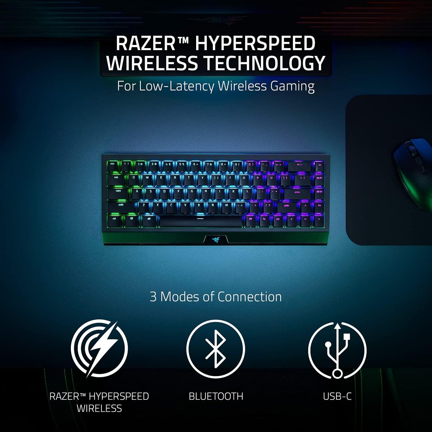 Blackwidow V3 Mini Hyperspeed 65% Wireless Mechanical Gaming Keyboard: Yellow Mechanical Switches Linear & Silent - Phantom Pudding Keycaps - Chroma RGB - up to 200 Hr Battery - Snap Tap