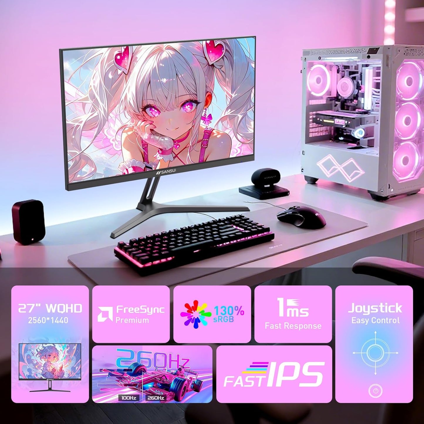 27 Inch WQHD 1440P Gaming Monitor 240Hz up to 260Hz-Fast IPS 1Ms Freesync Premium 丨DCI-P3 98% 丨Srgb130% 丨HDR10 丨2×Displayport 1.4丨2×HDMI2.0 PC Gaming Monitor with Crosshair