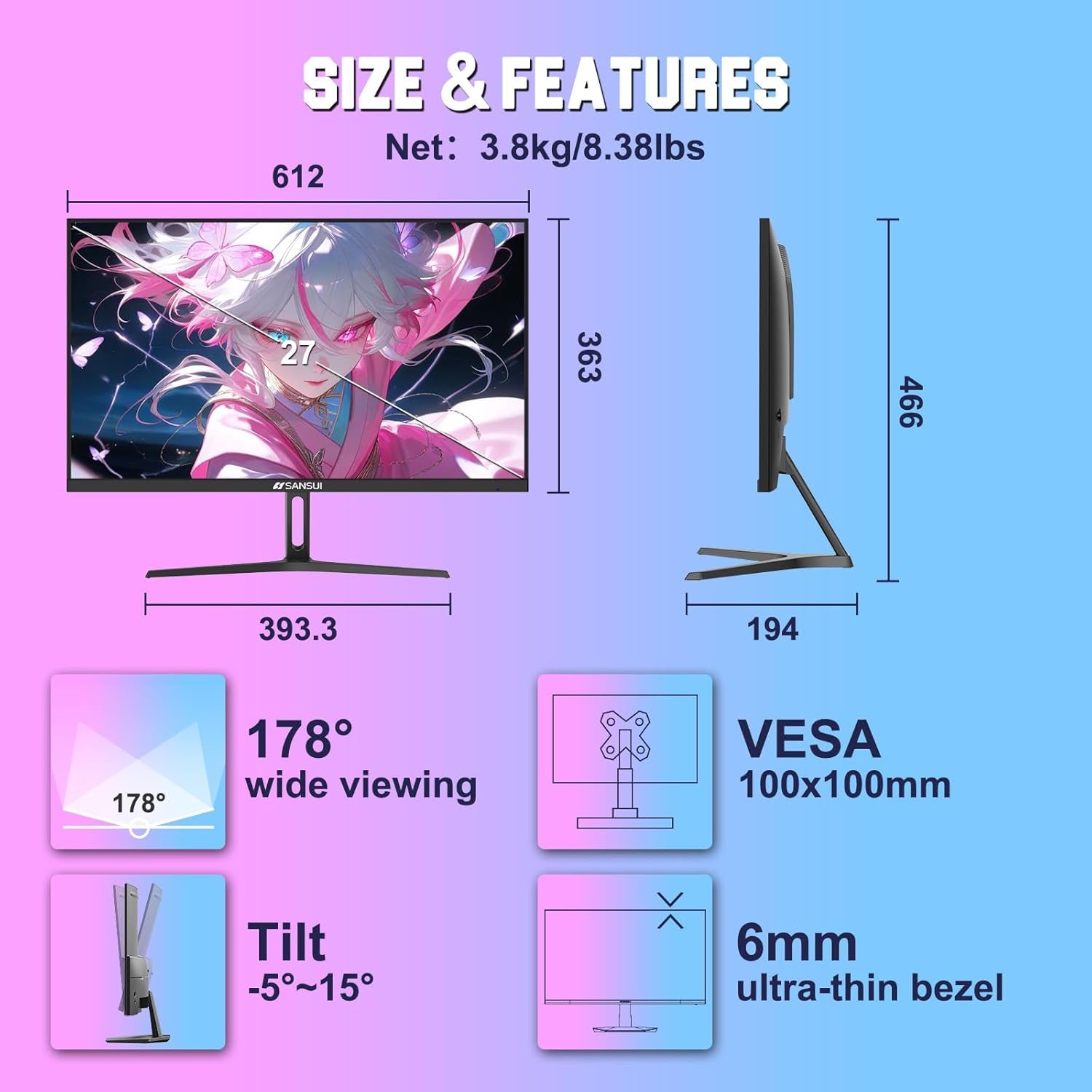27 Inch WQHD 1440P Gaming Monitor 240Hz up to 260Hz-Fast IPS 1Ms Freesync Premium 丨DCI-P3 98% 丨Srgb130% 丨HDR10 丨2×Displayport 1.4丨2×HDMI2.0 PC Gaming Monitor with Crosshair