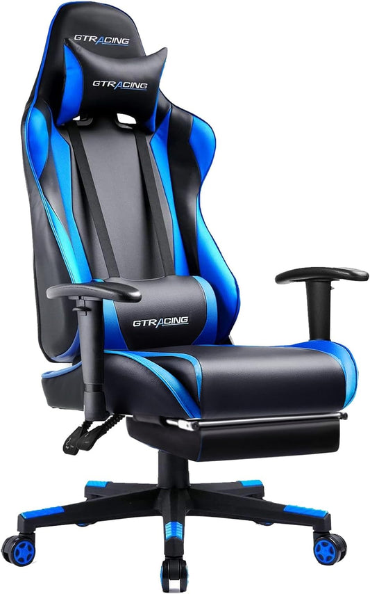 Gaming Chair with Footrest, Ergonomic Computer Game Desk Chair, Reclining Game Chair Seat Height Adjustment, Swivel Rocker with Headrest and Lumbar (Blue)