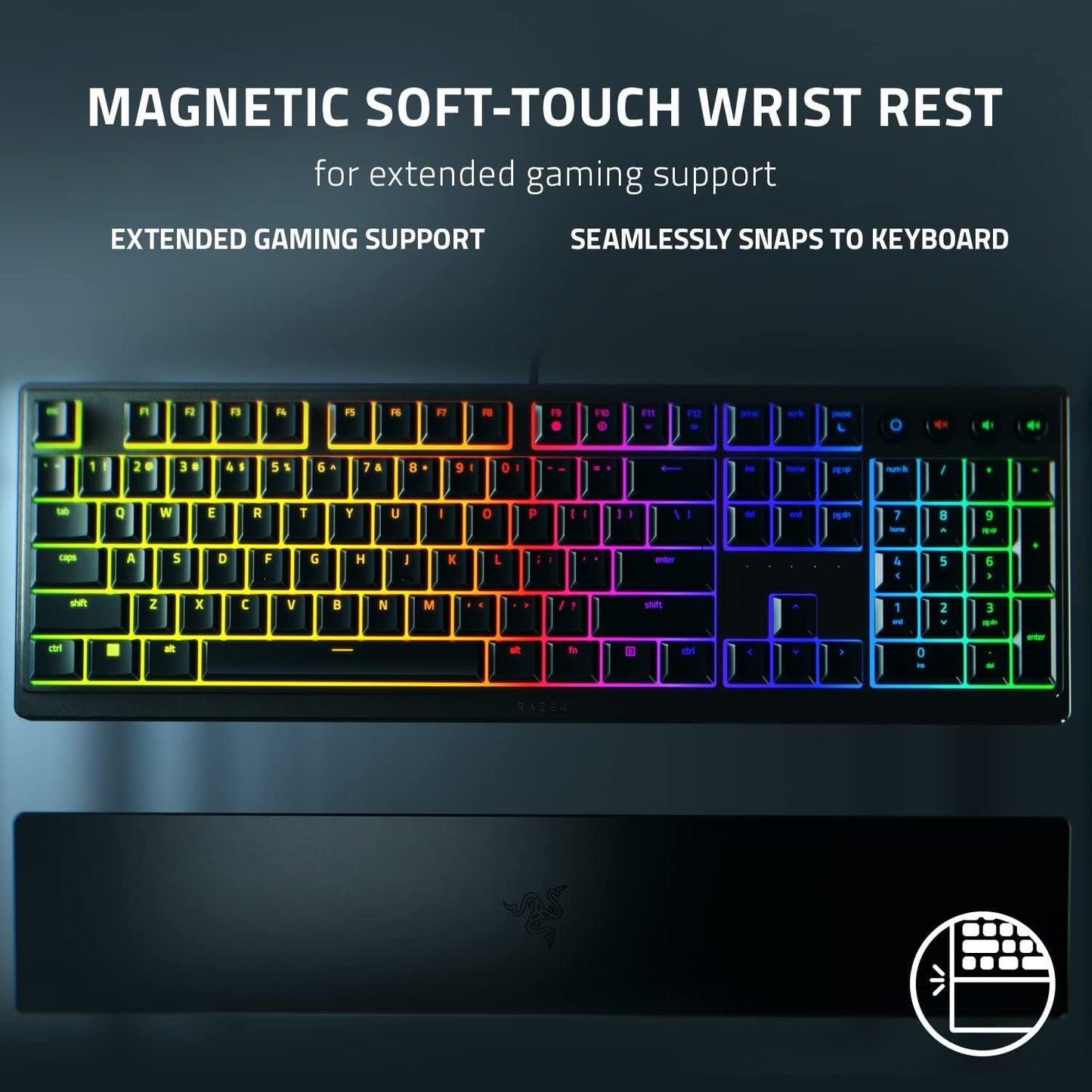 Ornata V3 Gaming Keyboard: Low Profile Keys - Mecha Membrane Switches - UV Coated Keycaps - Backlit Media Keys - 10 Zone RGB Lighting - Spill Resistant - Magnetic Wrist Wrest - Snap Tap