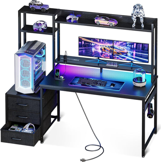 48 Inch Gaming Desk with Hutch, 3 Fabric Drawers, Monitor Stand, USB Ports & LED Lights, Reversible Design Computer Desk for Home Office, Black