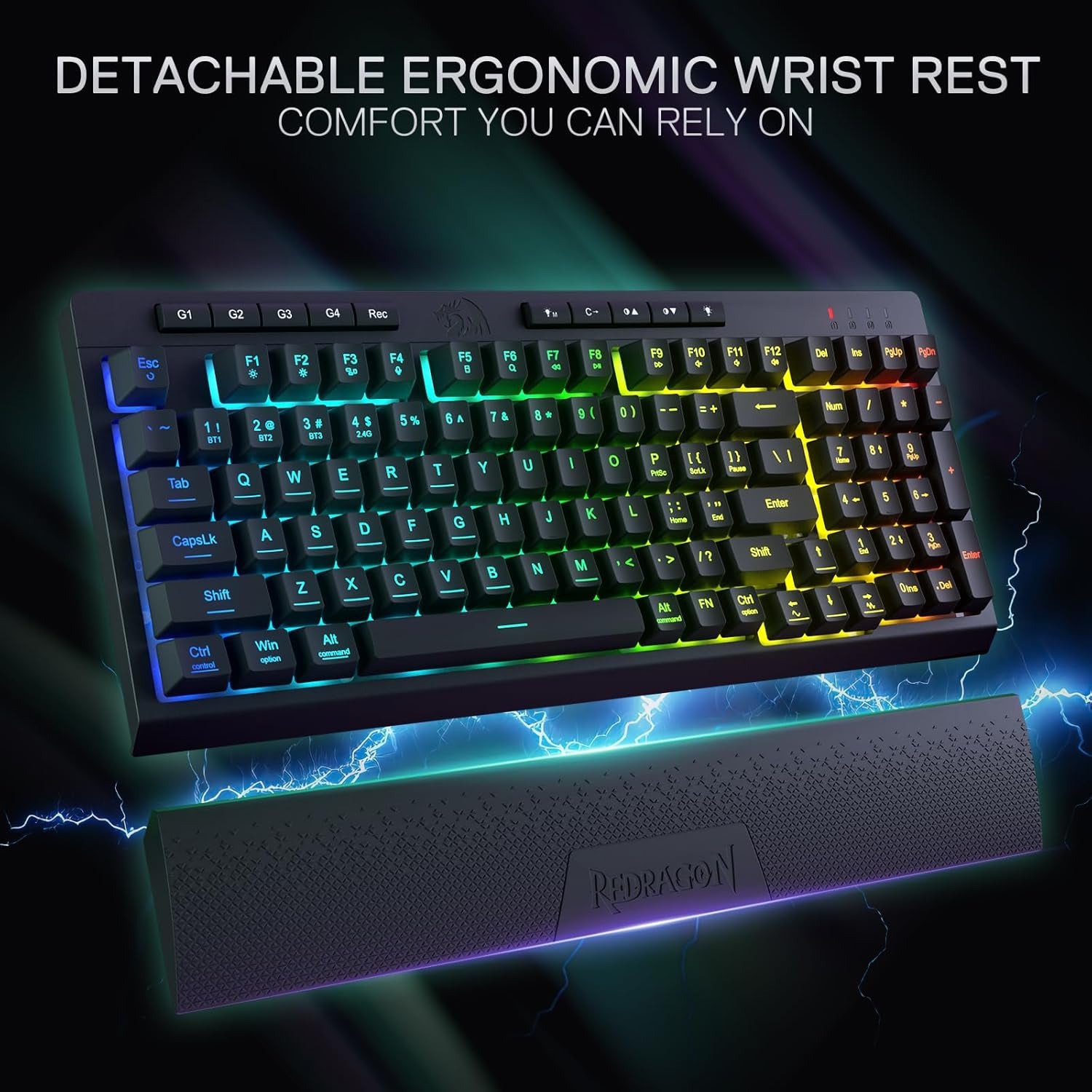 K515 PRO Shiva RGB Wireless Membrane Gaming Keyboard, 98 Keys Mechanical-Feel Keyboard W/Smooth Linear Switch, On-Board Macro & Multimedia Keys, Detachable Wrist Rest, Software Supported