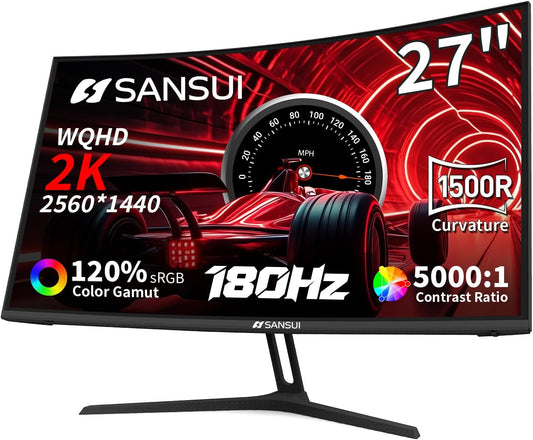 27 Inch WQHD 2560X1440 Curved Gaming Monitor, 180Hz MPRT 1Ms Computer Monitor,Hdmi2.0 * 2, DP1.2 * 2, Freesync, Curved 1500R, 5000:1 Contrast Ratio, 120% Srgb,Hdr(Es-G27C1Q DP Cable Included)