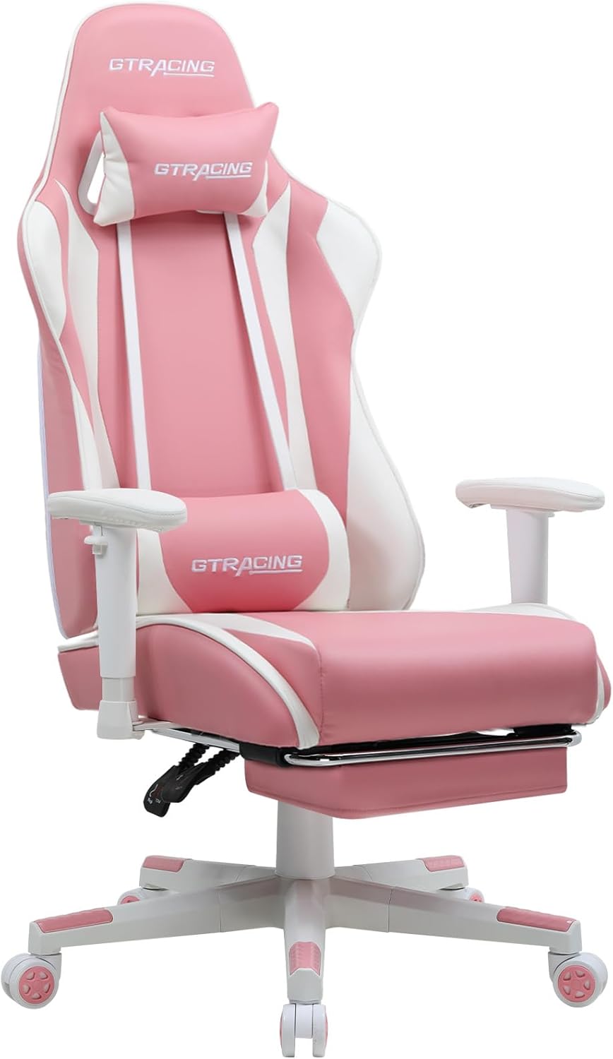 Gaming Chair with Footrest, Ergonomic Computer Game Desk Chair, Reclining Game Chair Seat Height Adjustment, Swivel Rocker with Headrest and Lumbar (Blue)