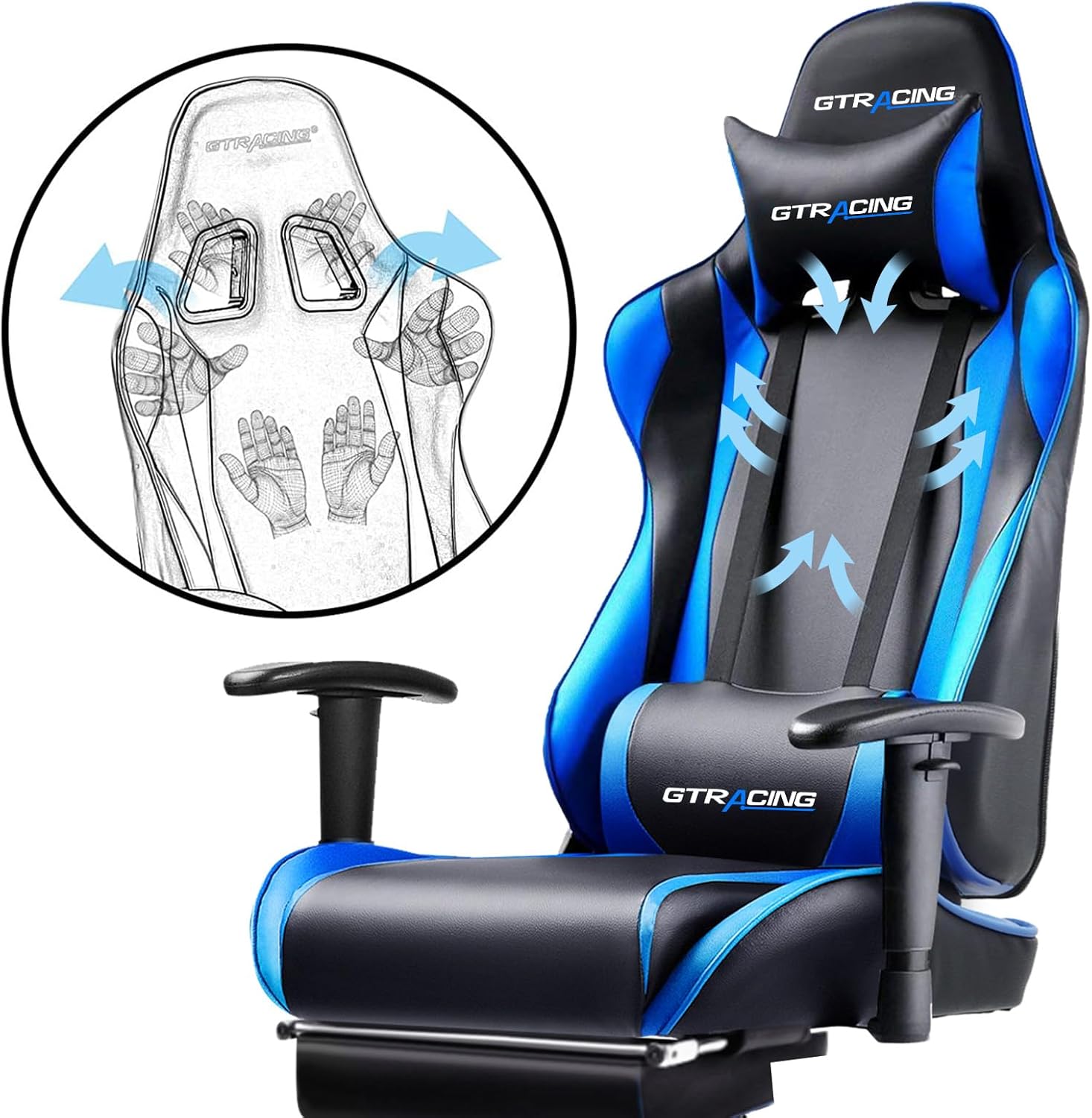 Gaming Chair with Footrest, Ergonomic Computer Game Desk Chair, Reclining Game Chair Seat Height Adjustment, Swivel Rocker with Headrest and Lumbar (Blue)