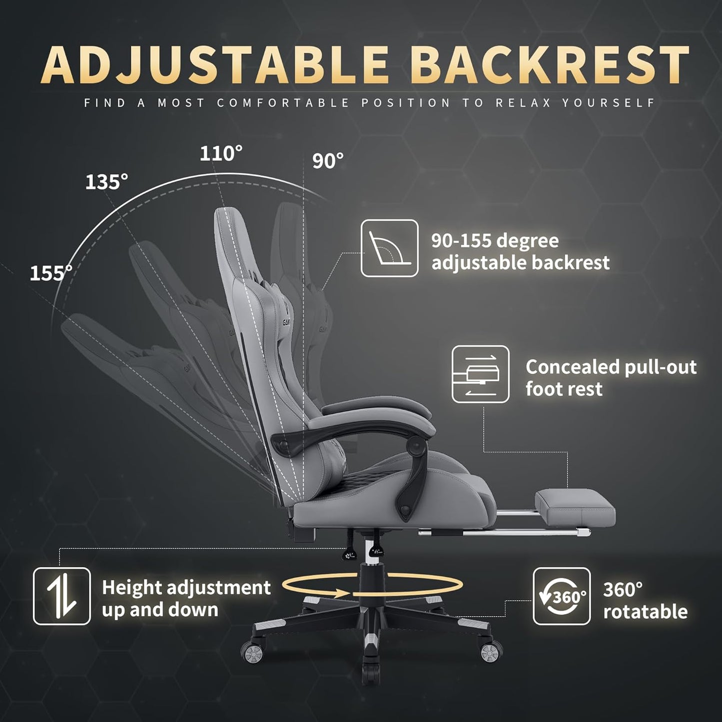 Gaming Chair,Computer Chair with Footrest and Lumbar Support,Breathable PU Leather,4D Lumbar Support and Headrest,360 Degree Swivel Chair with Adjustable Ergonomic Backrest for Adults(Grey)