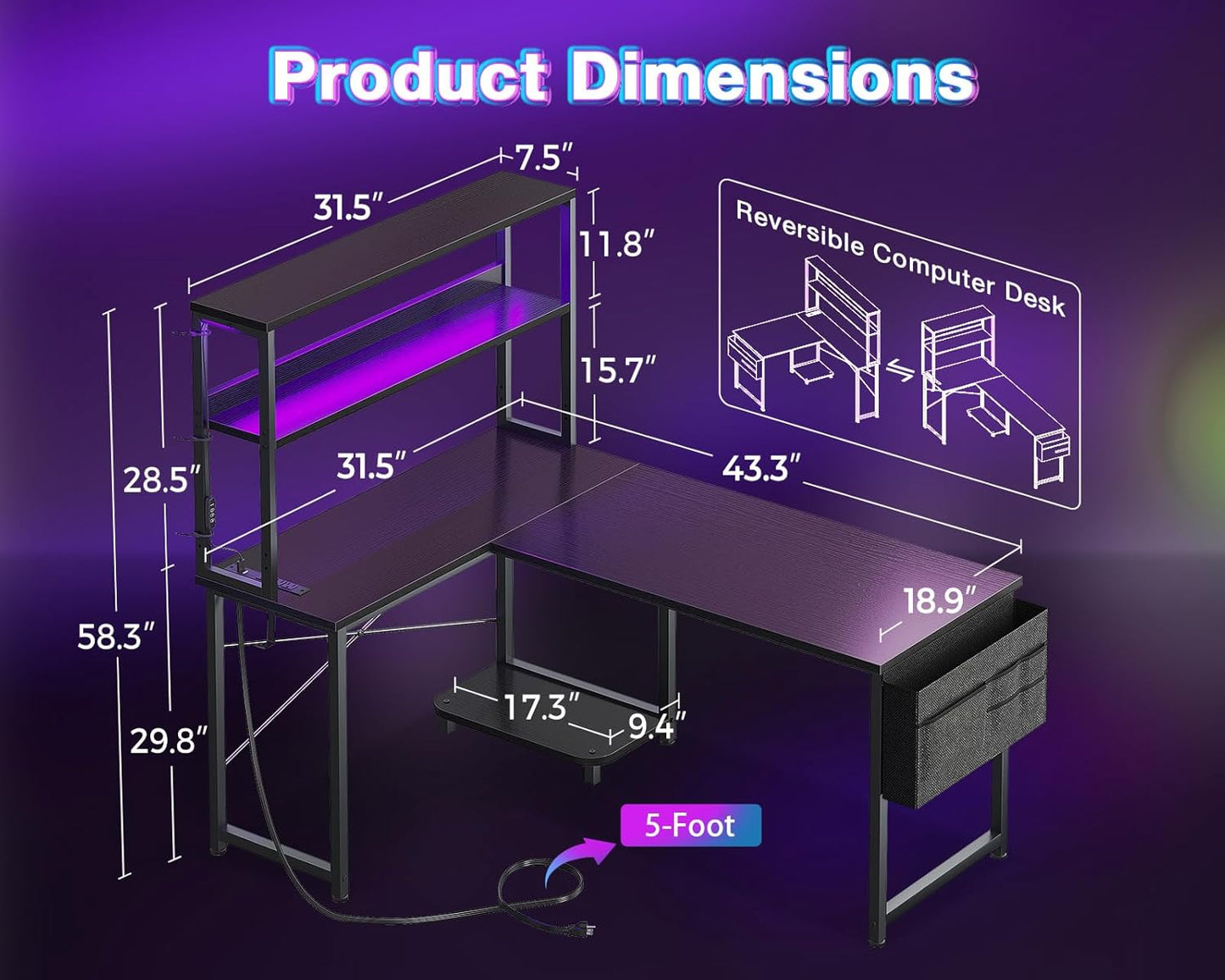 L Shaped Desk Gaming Desk with LED Light & Power Outlet, 43 Inch Reversible L Shaped Computer Table with Shelf, Corner Desk with Storage Bag&Hook for Home Office Desk, Black