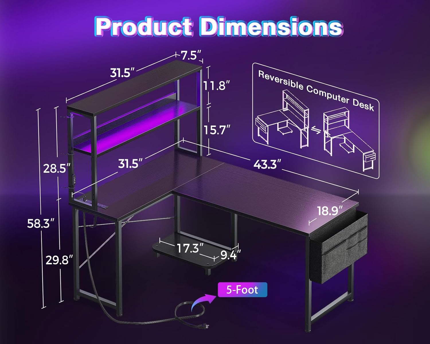 L Shaped Desk Gaming Desk with LED Light & Power Outlet, 43 Inch Reversible L Shaped Computer Table with Shelf, Corner Desk with Storage Bag&Hook for Home Office Desk, Black