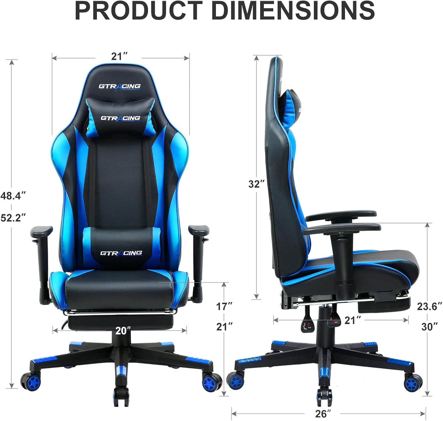Gaming Chair with Footrest, Ergonomic Computer Game Desk Chair, Reclining Game Chair Seat Height Adjustment, Swivel Rocker with Headrest and Lumbar (Blue)