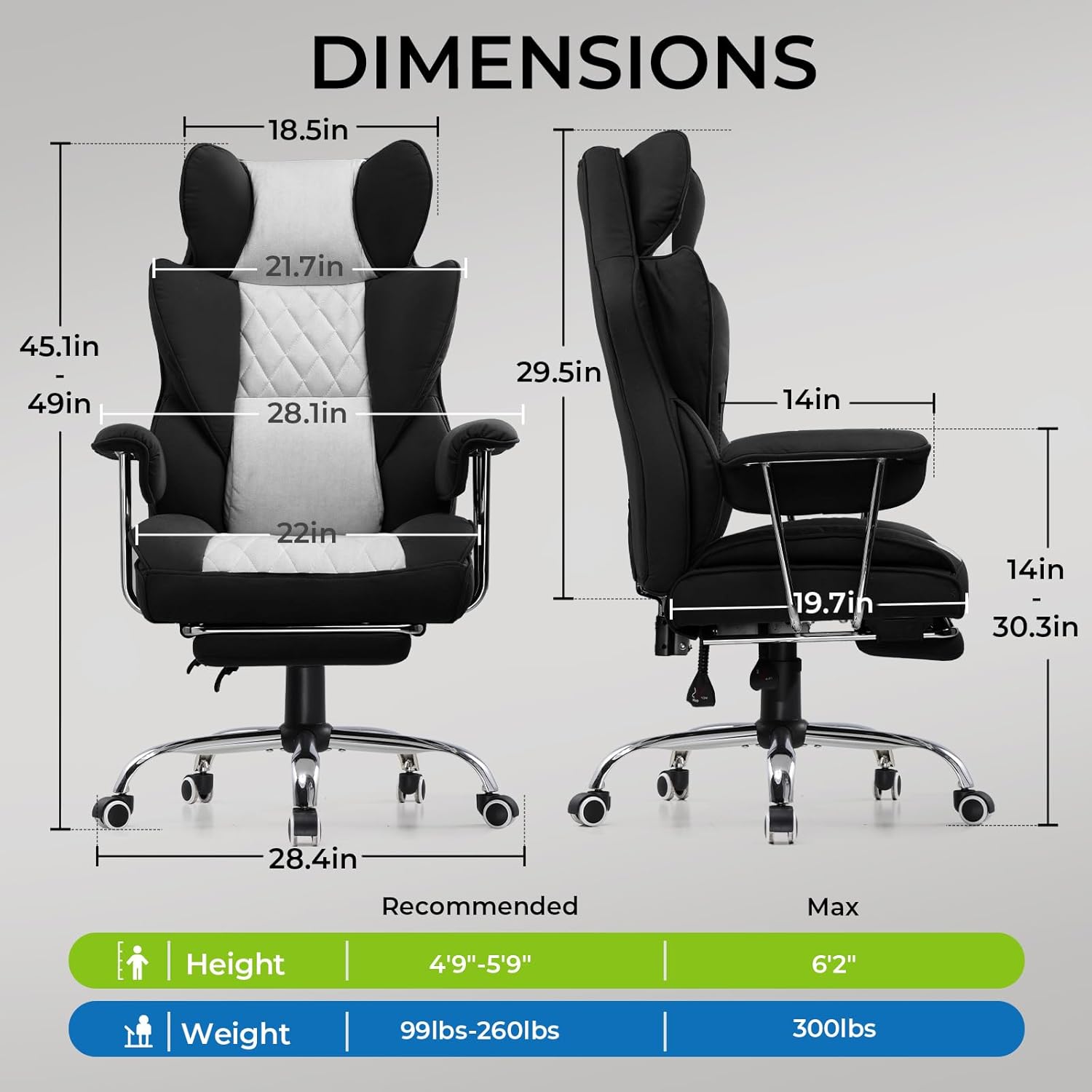 Gaming Chair,Office Chair with Pocket Spring Lumbar Support, Ergonomic Comfortable Wide Office Desk Computer Chair with Outward Fixed Soft Armrests and Footrest (Fabric, Black & Gray)