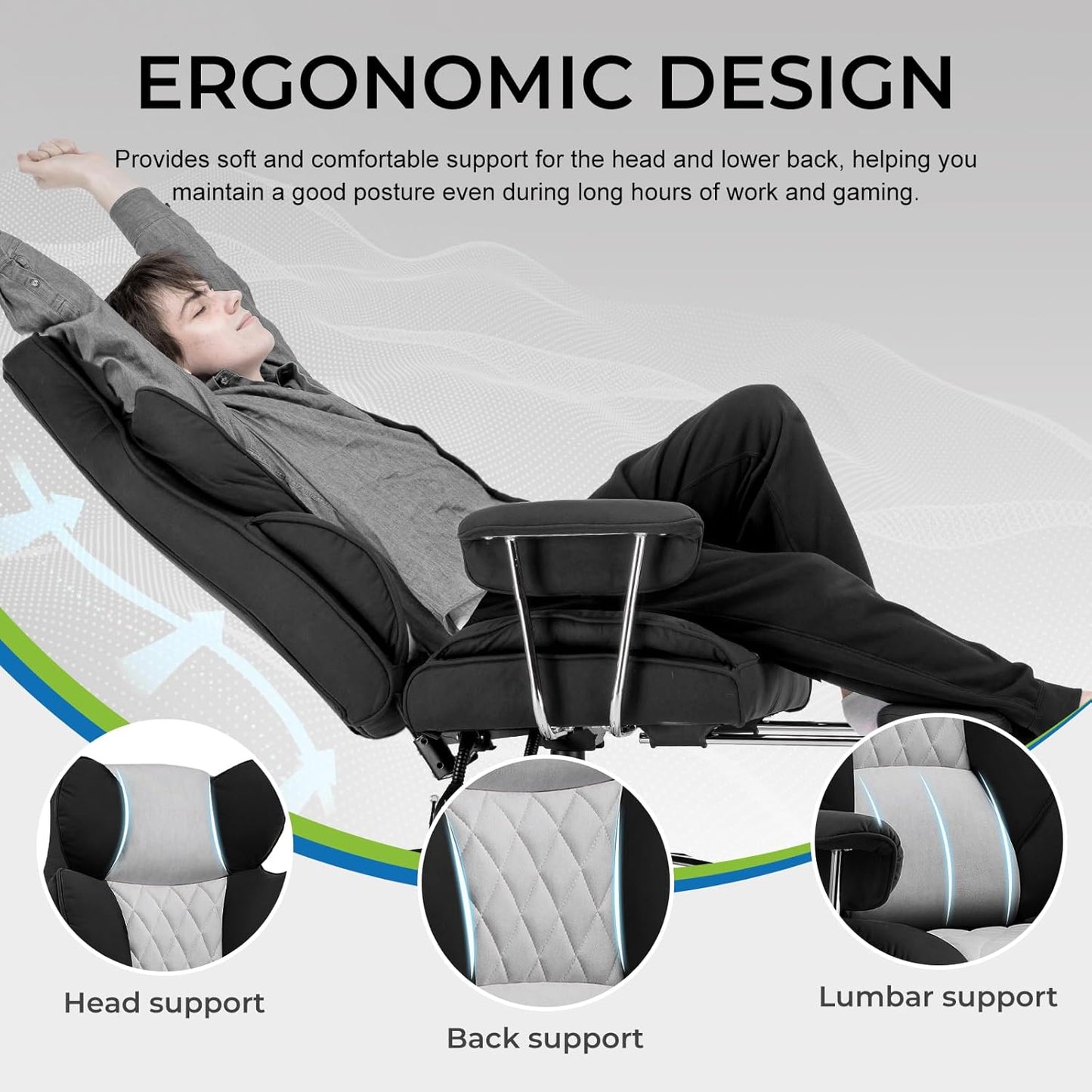 Gaming Chair,Office Chair with Pocket Spring Lumbar Support, Ergonomic Comfortable Wide Office Desk Computer Chair with Outward Fixed Soft Armrests and Footrest (Fabric, Black & Gray)