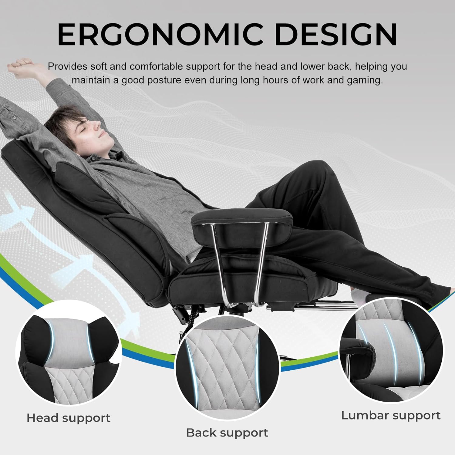 Gaming Chair,Office Chair with Pocket Spring Lumbar Support, Ergonomic Comfortable Wide Office Desk Computer Chair with Outward Fixed Soft Armrests and Footrest (Fabric, Black & Gray)