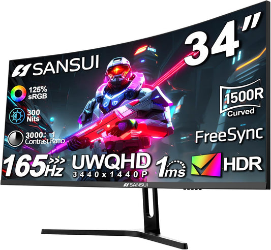 34-Inch Curved Gaming Monitor UWQHD 3440 X 1440 165Hz Curved 1500R - PIP/PBP, 1Ms(Mprt), HDR, 300Nits, Srgb 125%, DCI-P3 95%,Freesync,Hdmi X2,Dp1.4 X2 (ES-G34C5 DP Cable Included)