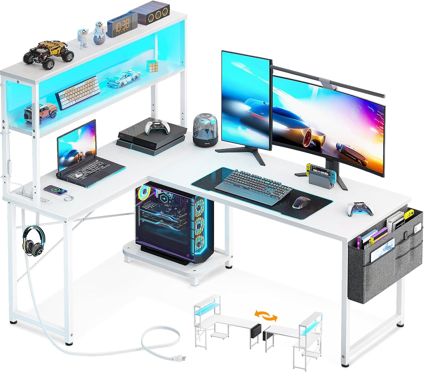 L Shaped Desk Gaming Desk with LED Light & Power Outlet, 43 Inch Reversible L Shaped Computer Table with Shelf, Corner Desk with Storage Bag&Hook for Home Office Desk, Black
