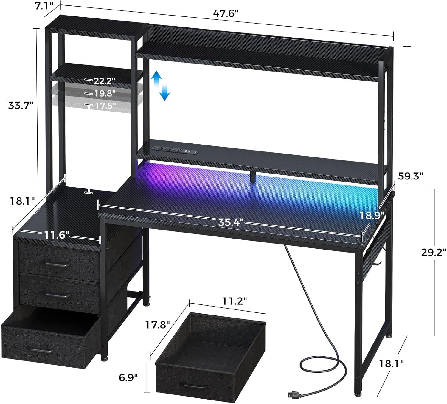 48 Inch Gaming Desk with Hutch, 3 Fabric Drawers, Monitor Stand, USB Ports & LED Lights, Reversible Design Computer Desk for Home Office, Black