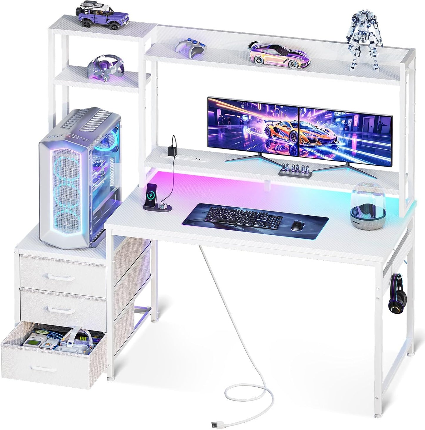48 Inch Gaming Desk with Hutch, 3 Fabric Drawers, Monitor Stand, USB Ports & LED Lights, Reversible Design Computer Desk for Home Office, Black