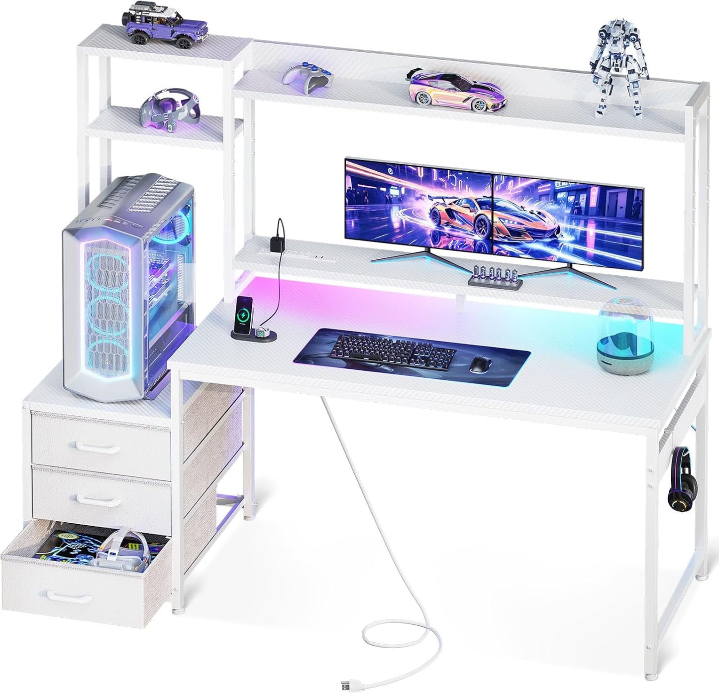 48 Inch Gaming Desk with Hutch, 3 Fabric Drawers, Monitor Stand, USB Ports & LED Lights, Reversible Design Computer Desk for Home Office, Black