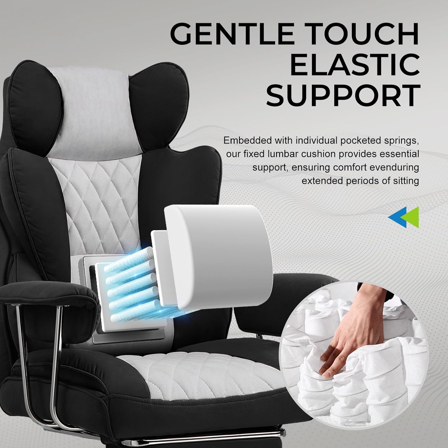 Gaming Chair,Office Chair with Pocket Spring Lumbar Support, Ergonomic Comfortable Wide Office Desk Computer Chair with Outward Fixed Soft Armrests and Footrest (Fabric, Black & Gray)