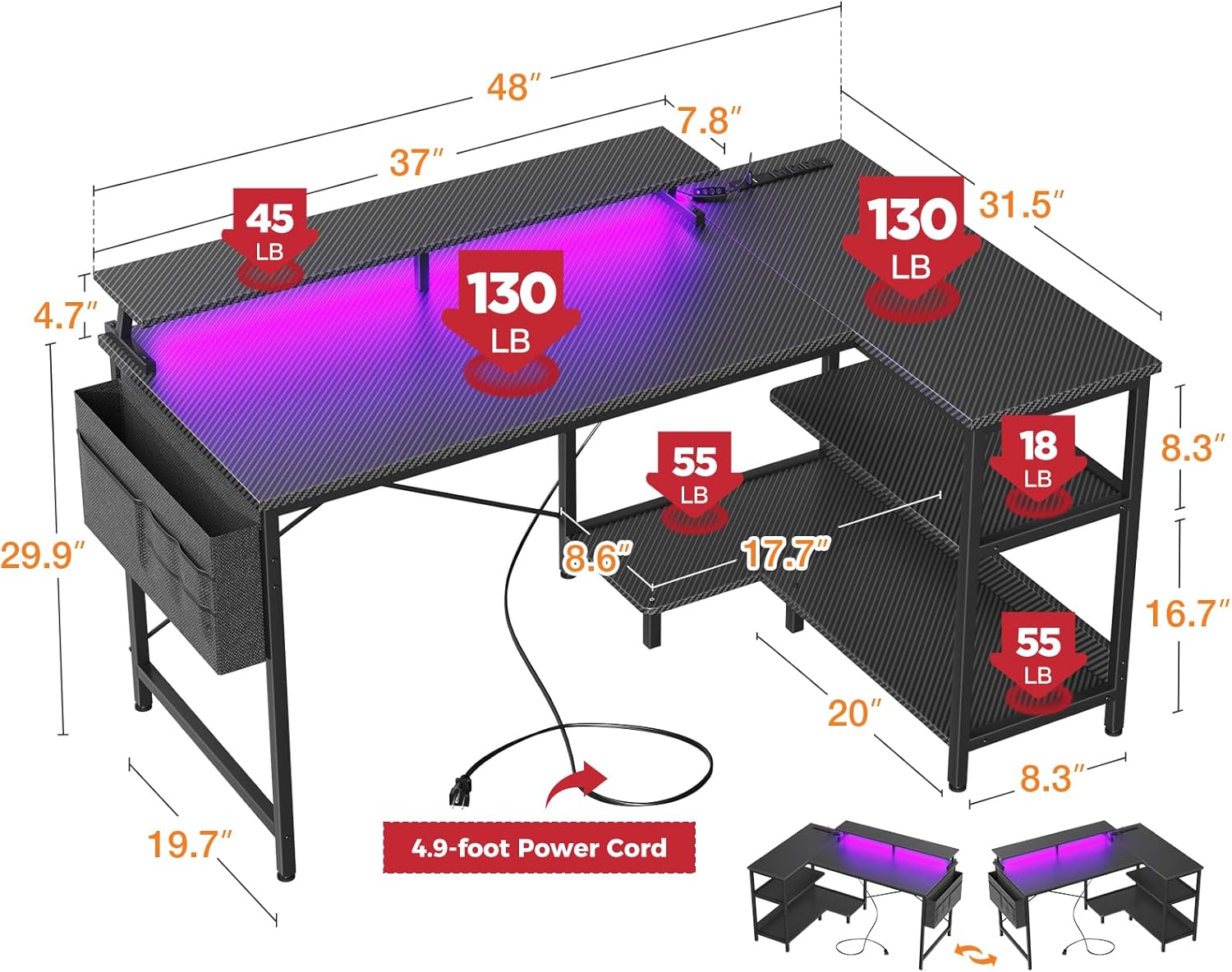 48 Inch Gaming Desk with USB Charging Ports and LED Lights, Reversible L Shaped Computer Desk with Storage Shelves & Monitor Stand, Corner Gamer Desk Table with Power Outlets, Black