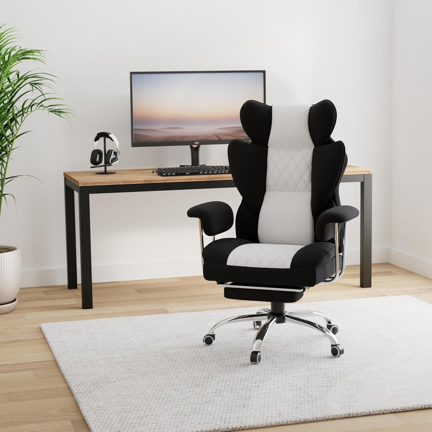 Gaming Chair,Office Chair with Pocket Spring Lumbar Support, Ergonomic Comfortable Wide Office Desk Computer Chair with Outward Fixed Soft Armrests and Footrest (Fabric, Black & Gray)
