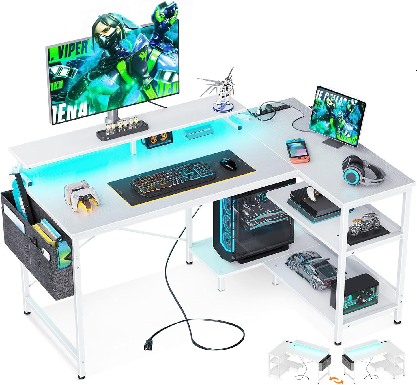 48 Inch Gaming Desk with USB Charging Ports and LED Lights, Reversible L Shaped Computer Desk with Storage Shelves & Monitor Stand, Corner Gamer Desk Table with Power Outlets, Black