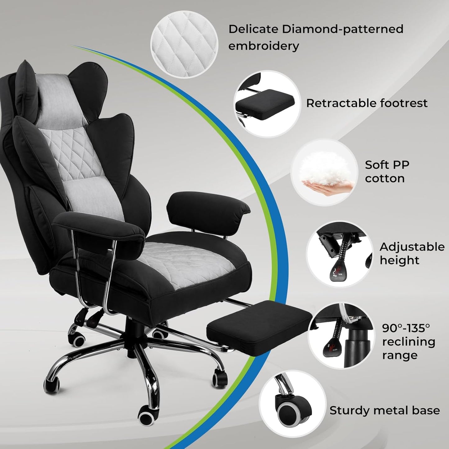 Gaming Chair,Office Chair with Pocket Spring Lumbar Support, Ergonomic Comfortable Wide Office Desk Computer Chair with Outward Fixed Soft Armrests and Footrest (Fabric, Black & Gray)