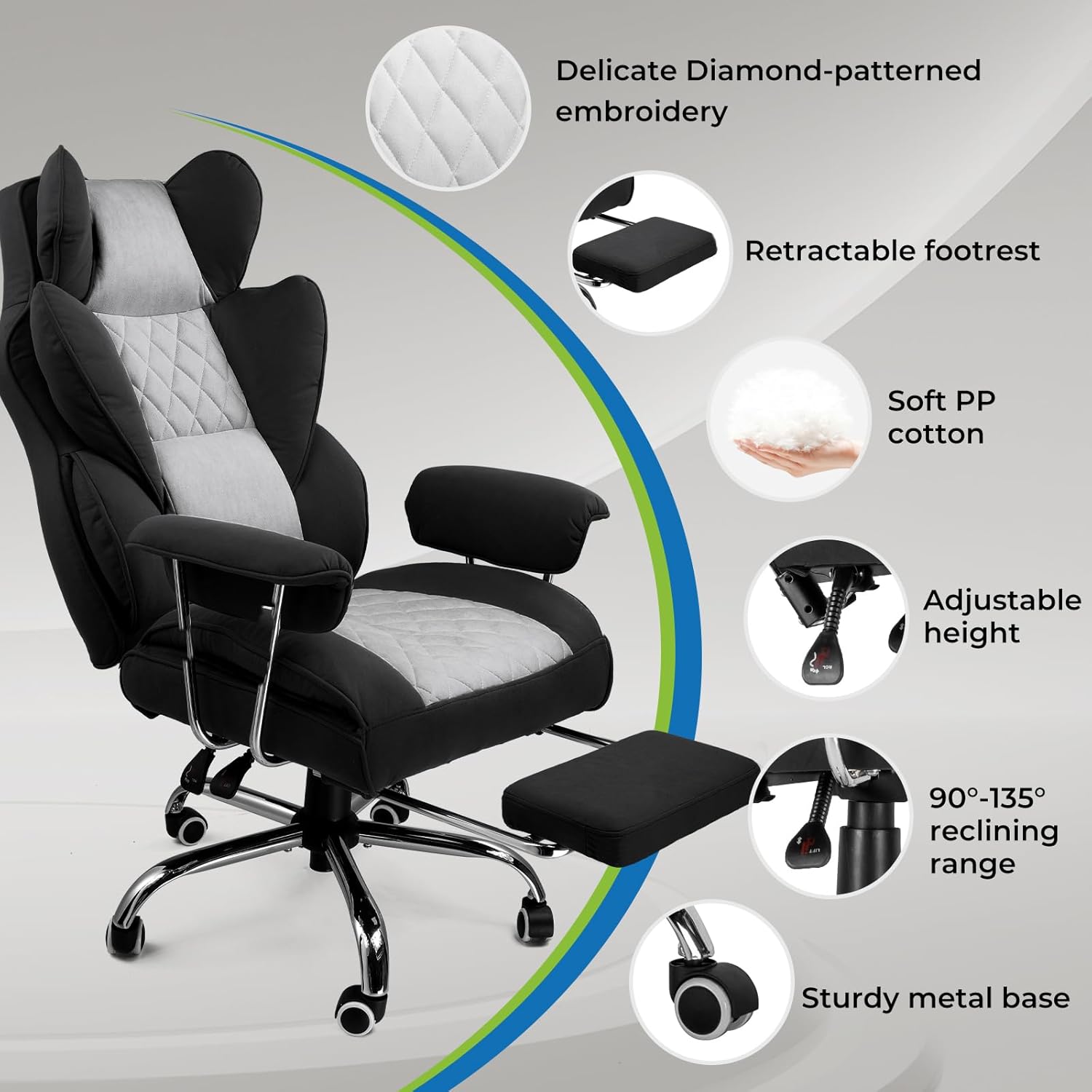Gaming Chair,Office Chair with Pocket Spring Lumbar Support, Ergonomic Comfortable Wide Office Desk Computer Chair with Outward Fixed Soft Armrests and Footrest (Fabric, Black & Gray)