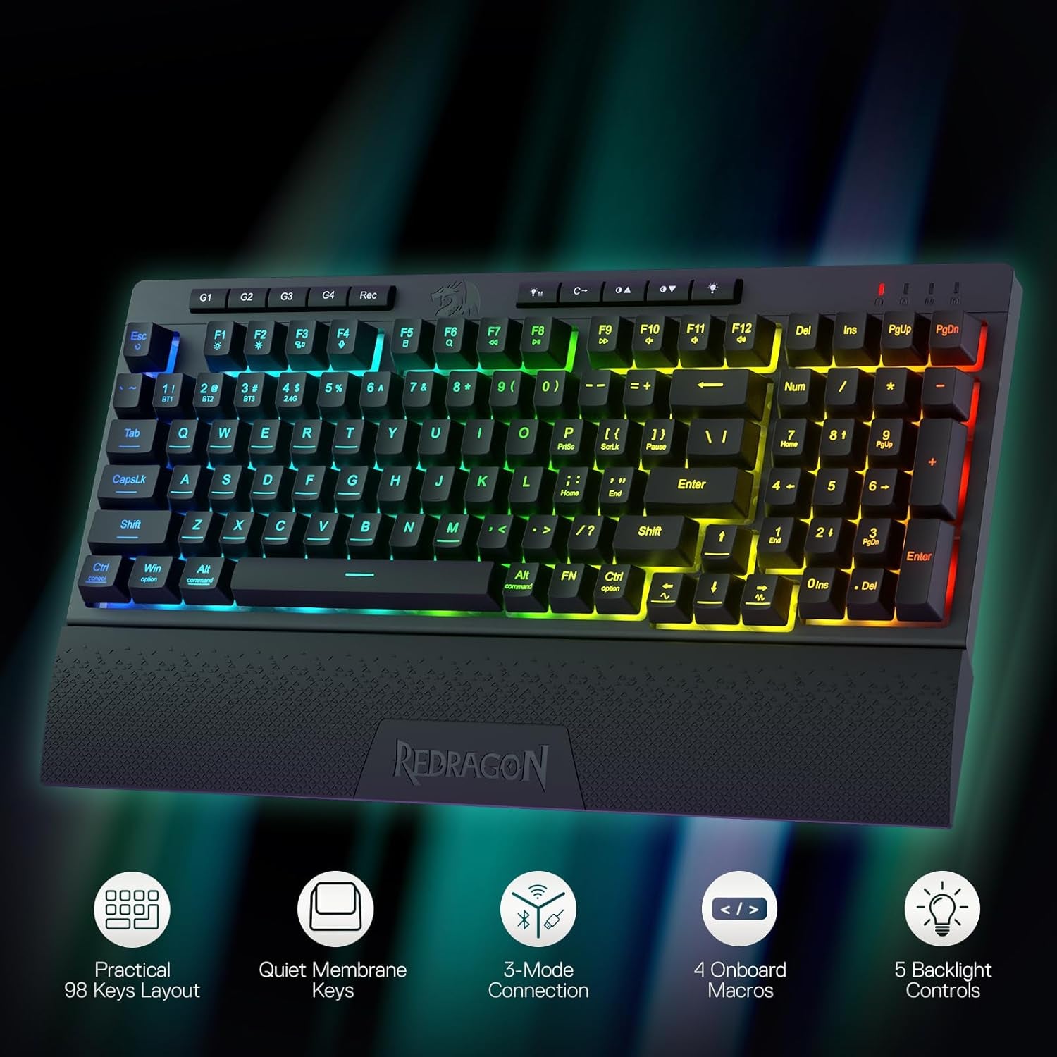 K515 PRO Shiva RGB Wireless Membrane Gaming Keyboard, 98 Keys Mechanical-Feel Keyboard W/Smooth Linear Switch, On-Board Macro & Multimedia Keys, Detachable Wrist Rest, Software Supported