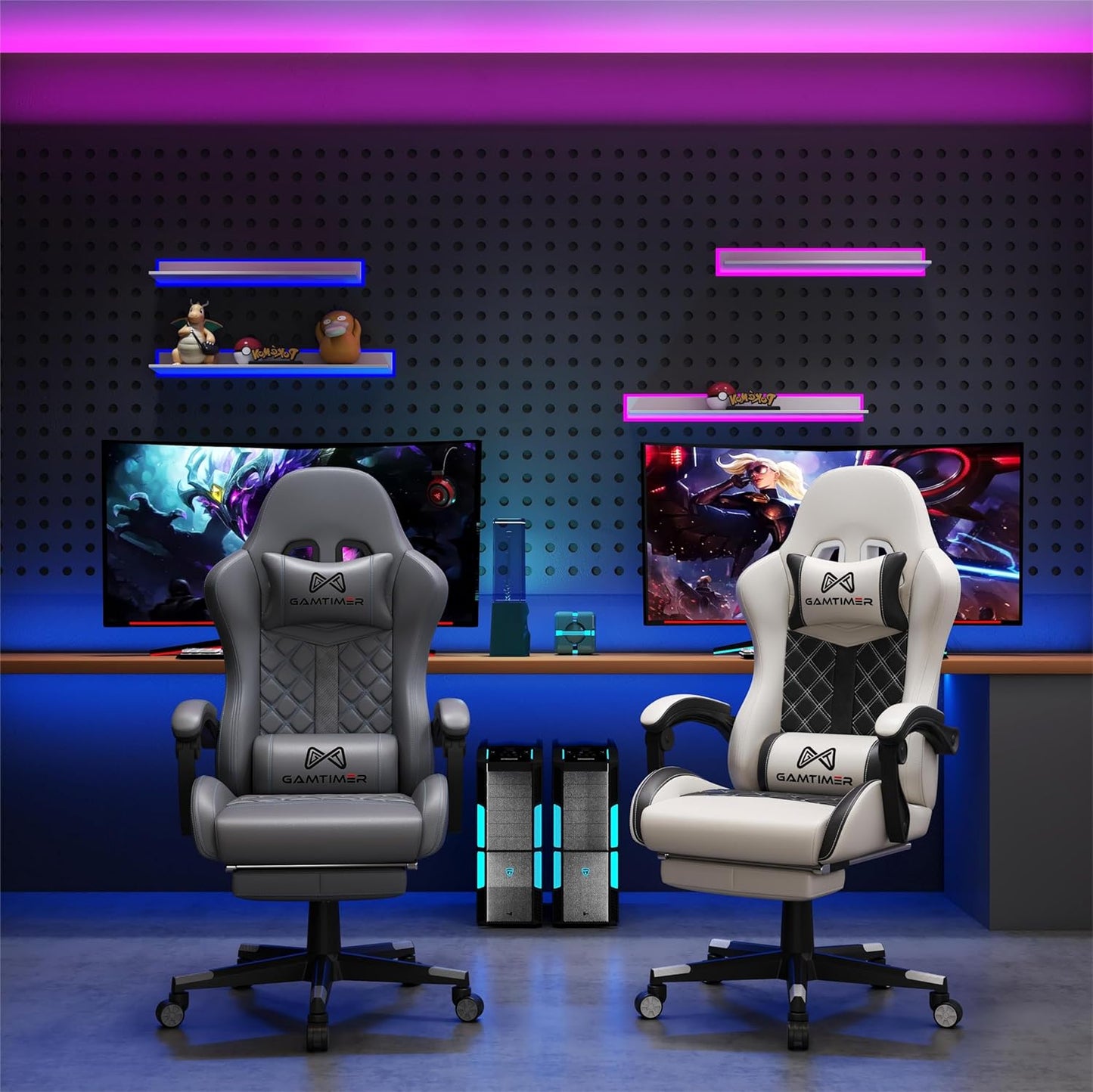 Gaming Chair,Computer Chair with Footrest and Lumbar Support,Breathable PU Leather,4D Lumbar Support and Headrest,360 Degree Swivel Chair with Adjustable Ergonomic Backrest for Adults(Grey)