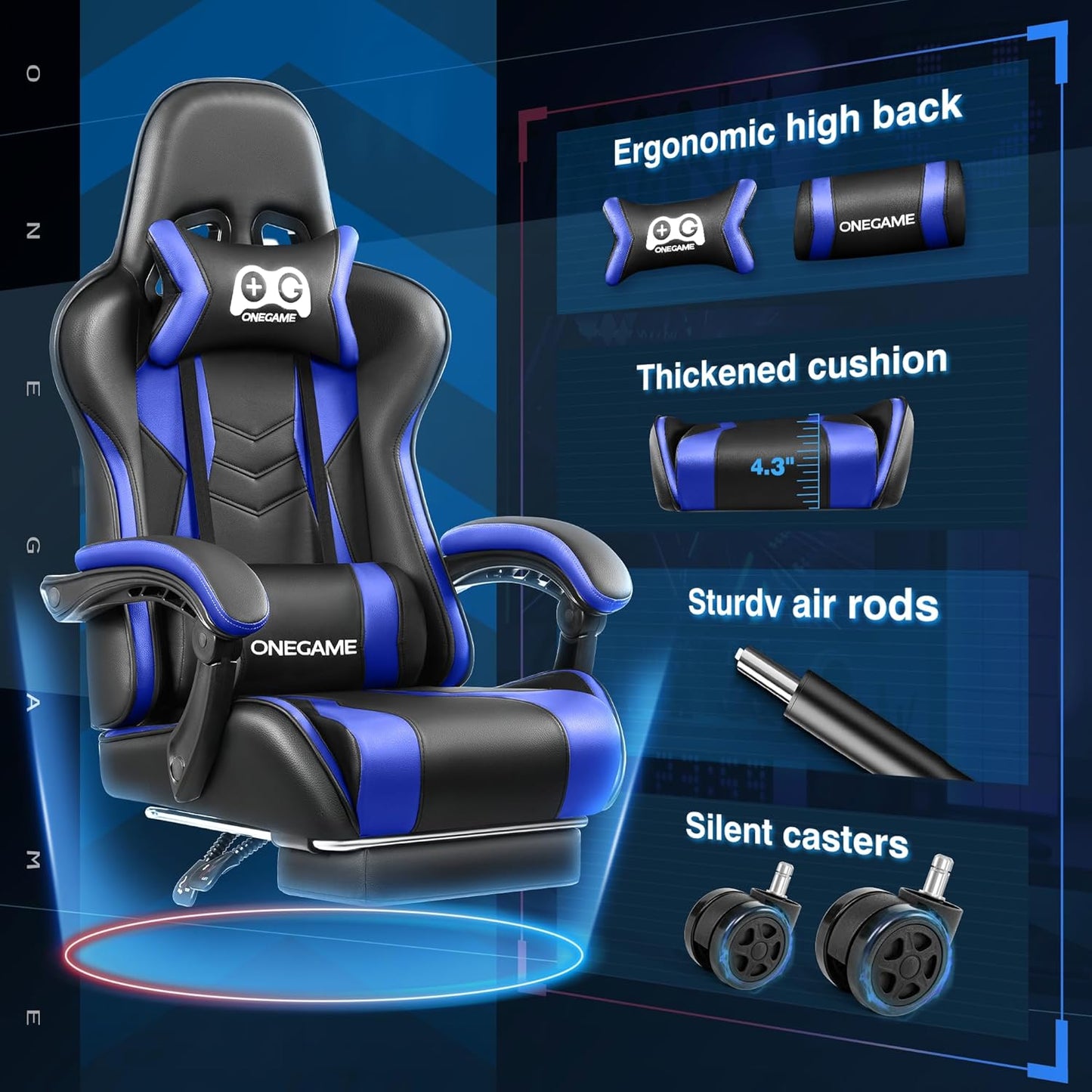 Gaming Chair with Footrest, High Back Computer Chair, PU Leather Comfortable Racing Chair, Ergonomic Home Office Chair, Height Adjustable Video Game Chair(Blackblue)