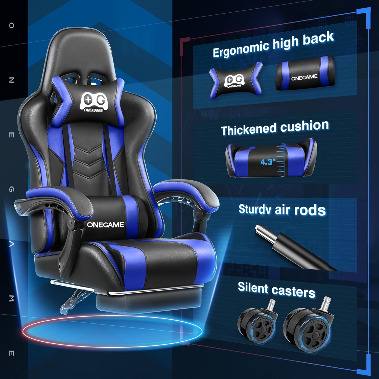 Gaming Chair with Footrest, High Back Computer Chair, PU Leather Comfortable Racing Chair, Ergonomic Home Office Chair, Height Adjustable Video Game Chair(Blackblue)
