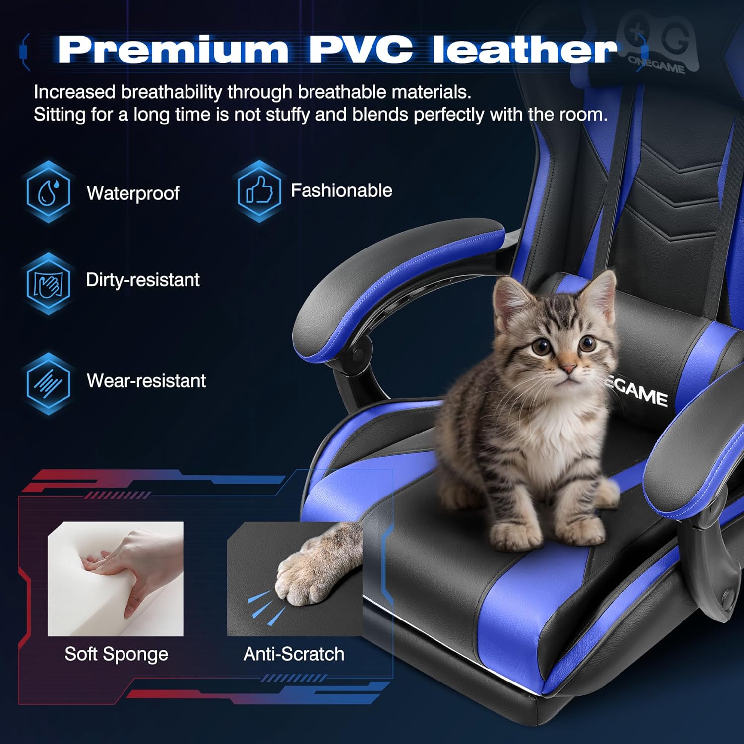 Gaming Chair with Footrest, High Back Computer Chair, PU Leather Comfortable Racing Chair, Ergonomic Home Office Chair, Height Adjustable Video Game Chair(Blackblue)