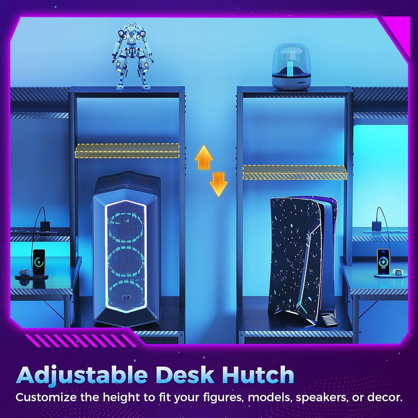 48 Inch Gaming Desk with Hutch, 3 Fabric Drawers, Monitor Stand, USB Ports & LED Lights, Reversible Design Computer Desk for Home Office, Black
