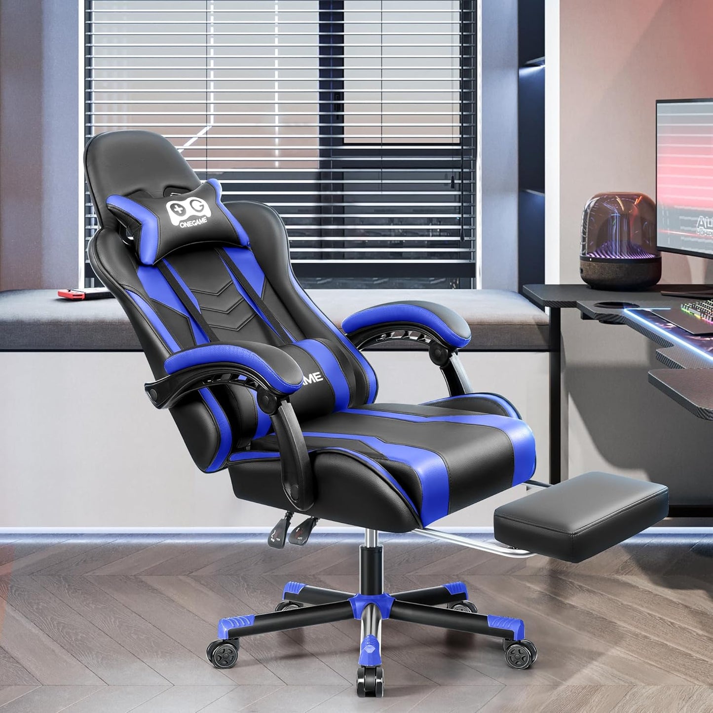 Gaming Chair with Footrest, High Back Computer Chair, PU Leather Comfortable Racing Chair, Ergonomic Home Office Chair, Height Adjustable Video Game Chair(Blackblue)