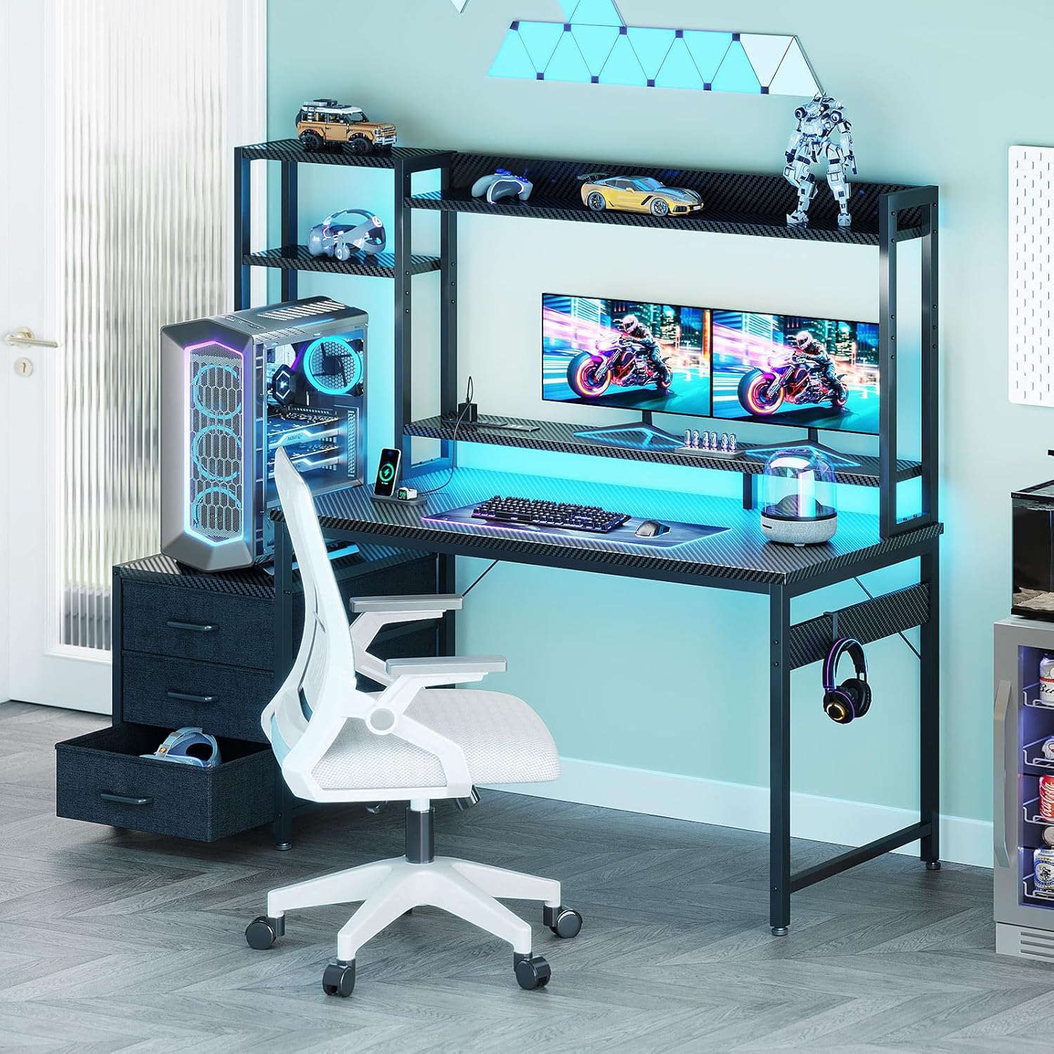 48 Inch Gaming Desk with Hutch, 3 Fabric Drawers, Monitor Stand, USB Ports & LED Lights, Reversible Design Computer Desk for Home Office, Black
