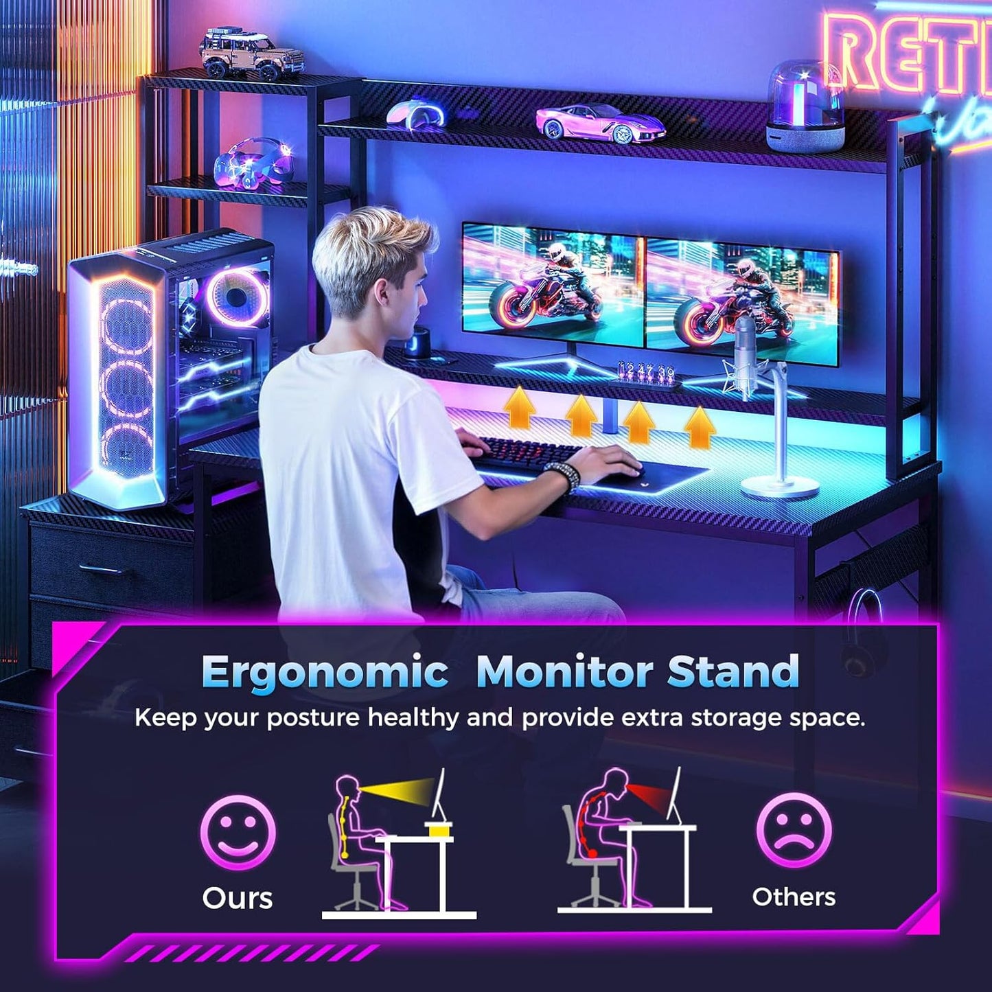 48 Inch Gaming Desk with Hutch, 3 Fabric Drawers, Monitor Stand, USB Ports & LED Lights, Reversible Design Computer Desk for Home Office, Black