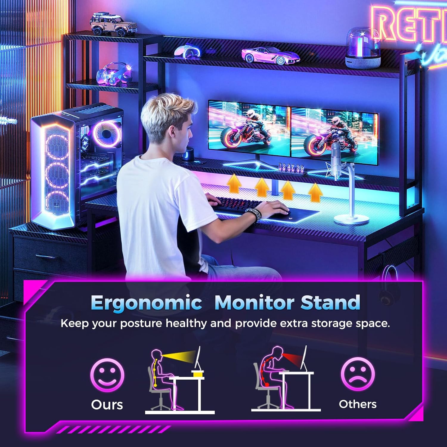48 Inch Gaming Desk with Hutch, 3 Fabric Drawers, Monitor Stand, USB Ports & LED Lights, Reversible Design Computer Desk for Home Office, Black