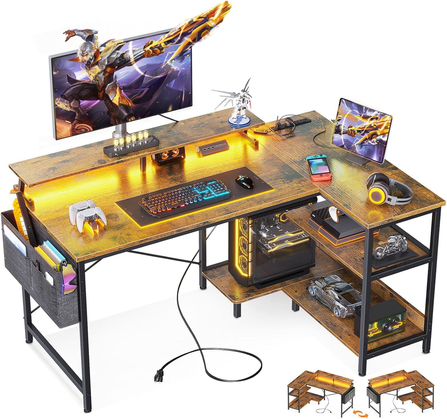 48 Inch Gaming Desk with USB Charging Ports and LED Lights, Reversible L Shaped Computer Desk with Storage Shelves & Monitor Stand, Corner Gamer Desk Table with Power Outlets, Black