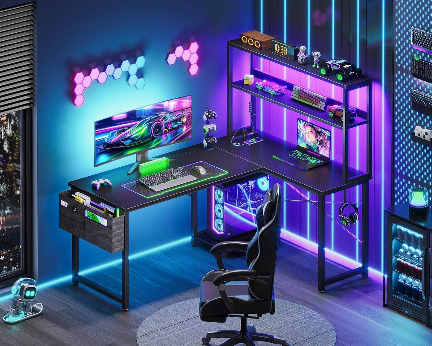 L Shaped Desk Gaming Desk with LED Light & Power Outlet, 43 Inch Reversible L Shaped Computer Table with Shelf, Corner Desk with Storage Bag&Hook for Home Office Desk, Black