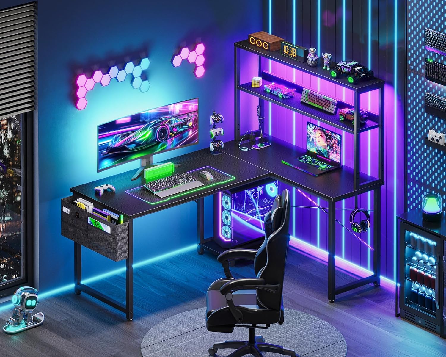L Shaped Desk Gaming Desk with LED Light & Power Outlet, 43 Inch Reversible L Shaped Computer Table with Shelf, Corner Desk with Storage Bag&Hook for Home Office Desk, Black