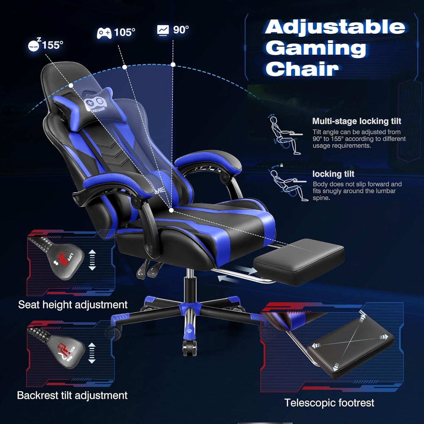 Gaming Chair with Footrest, High Back Computer Chair, PU Leather Comfortable Racing Chair, Ergonomic Home Office Chair, Height Adjustable Video Game Chair(Blackblue)