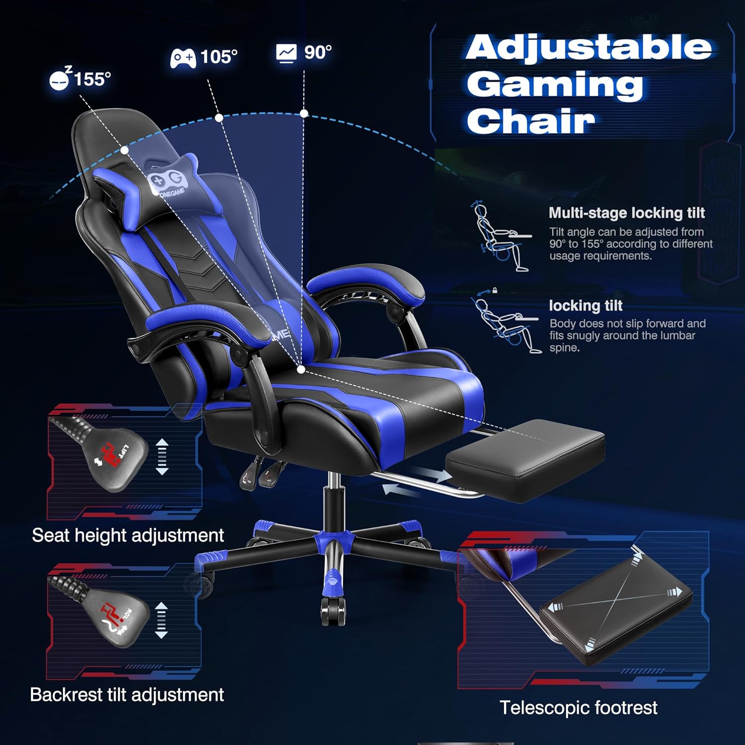 Gaming Chair with Footrest, High Back Computer Chair, PU Leather Comfortable Racing Chair, Ergonomic Home Office Chair, Height Adjustable Video Game Chair(Blackblue)