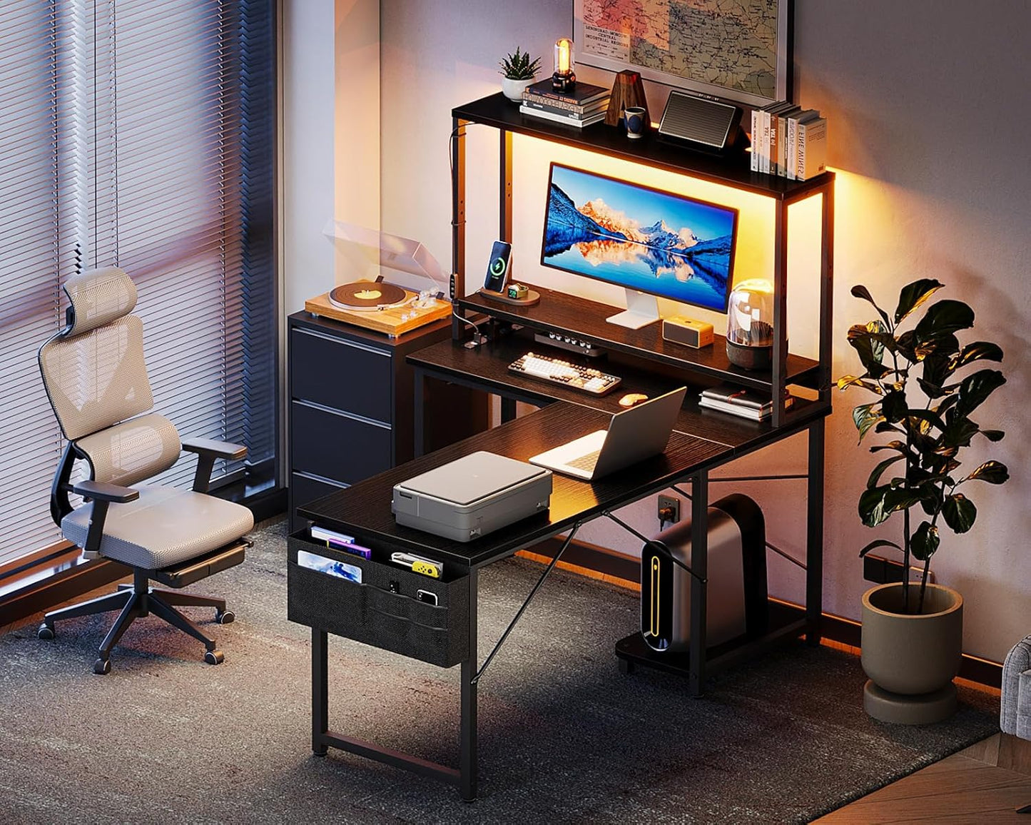 L Shaped Desk Gaming Desk with LED Light & Power Outlet, 43 Inch Reversible L Shaped Computer Table with Shelf, Corner Desk with Storage Bag&Hook for Home Office Desk, Black